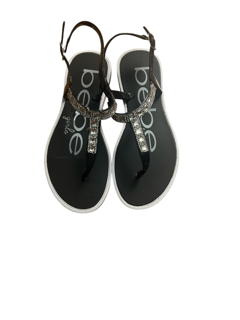 bebe Black Rhinestone T-Strap Girls Sandals